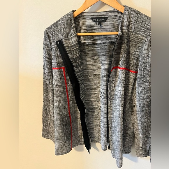 MING WANG Grey and Red Textured Jacket with Faux Leather Trim Large - Picture 7 of 11